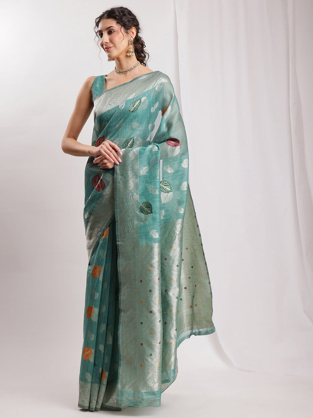 Janasya Sea Green Linen Blend Floral Jacquard Saree | Grocsy