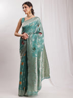 Janasya Sea Green Linen Blend Floral Jacquard Saree | Grocsy