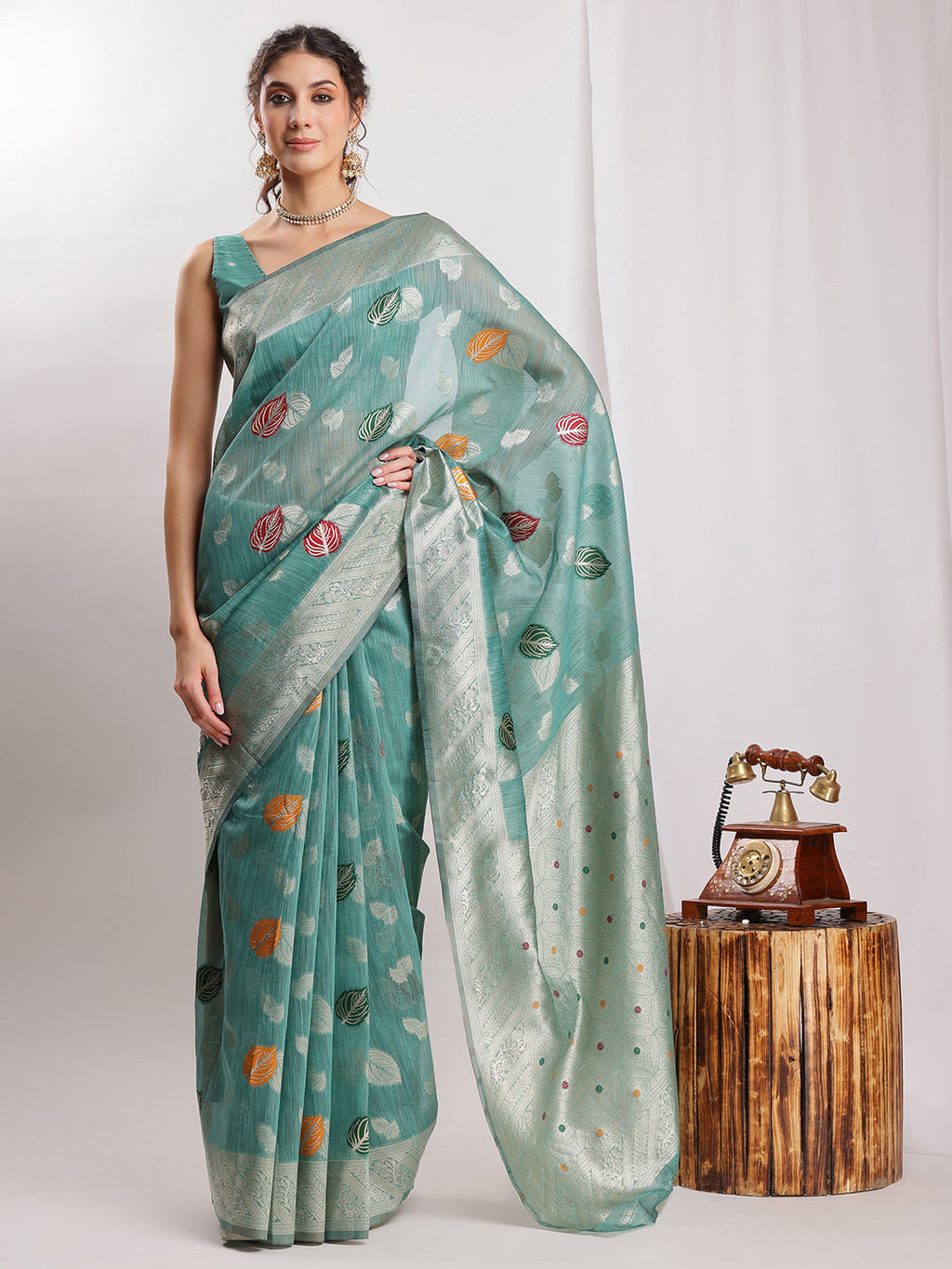 Janasya Sea Green Linen Blend Floral Jacquard Saree | Grocsy