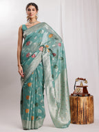 Janasya Sea Green Linen Blend Floral Jacquard Saree | Grocsy