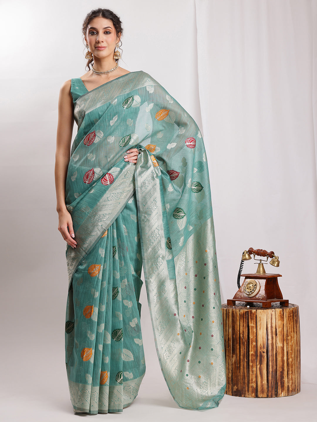 Janasya Sea Green Linen Blend Floral Jacquard Saree | Grocsy