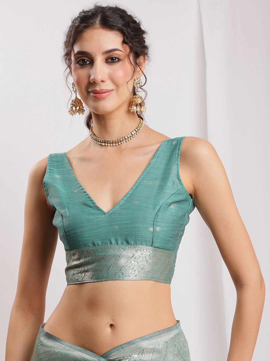 Janasya Sea Green Linen Blend Floral Jacquard Saree | Grocsy