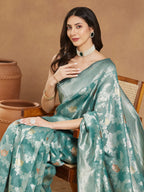 Janasya Sea Green Linen Blend Floral Jacquard Saree | Grocsy