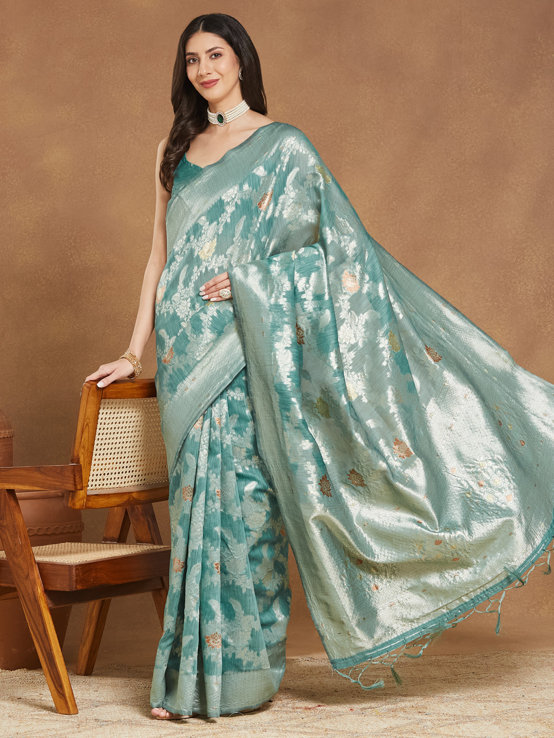 Janasya Sea Green Linen Blend Floral Jacquard Saree | Grocsy