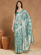 Janasya Sea Green Linen Blend Floral Jacquard Saree | Grocsy
