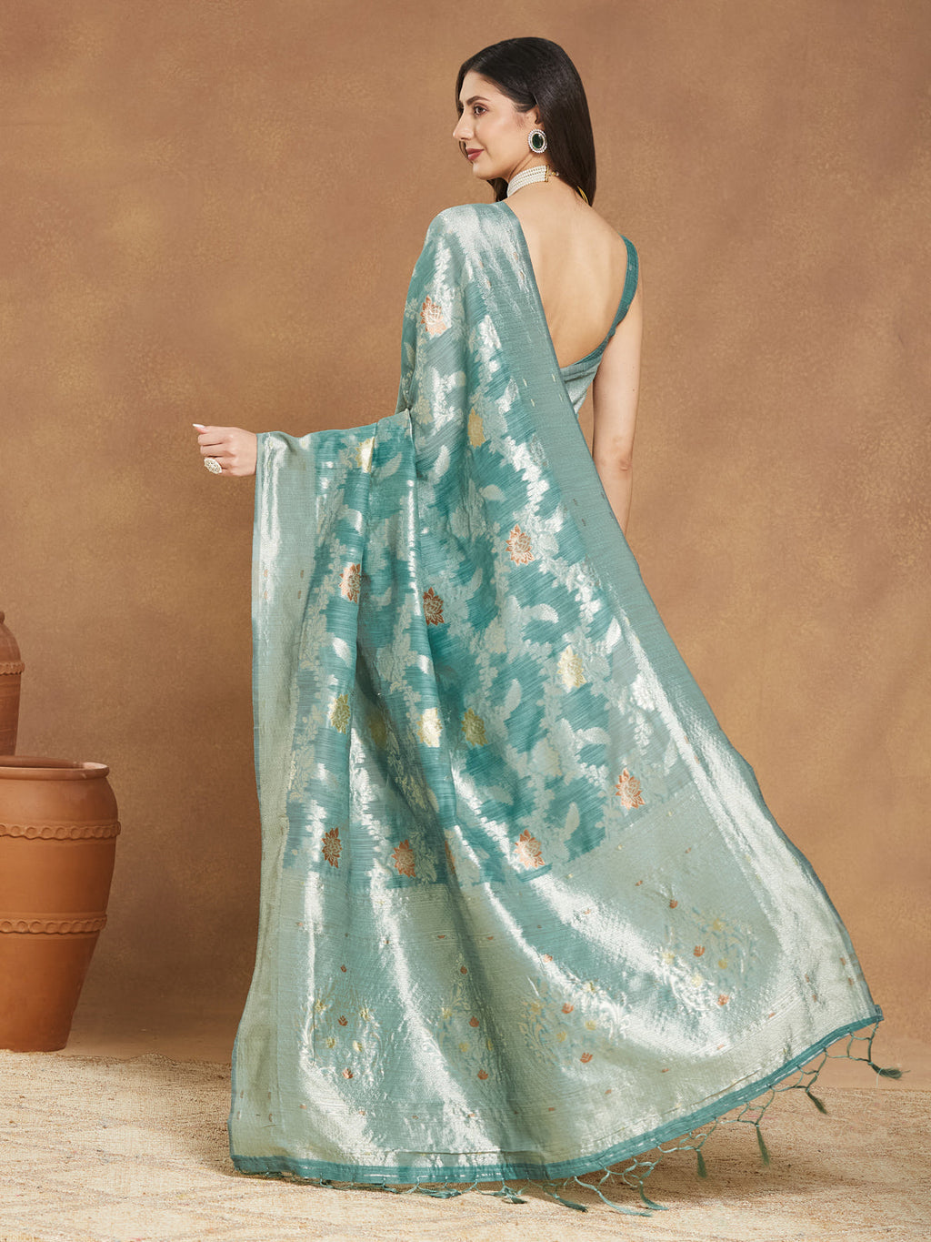 Janasya Sea Green Linen Blend Floral Jacquard Saree | Grocsy