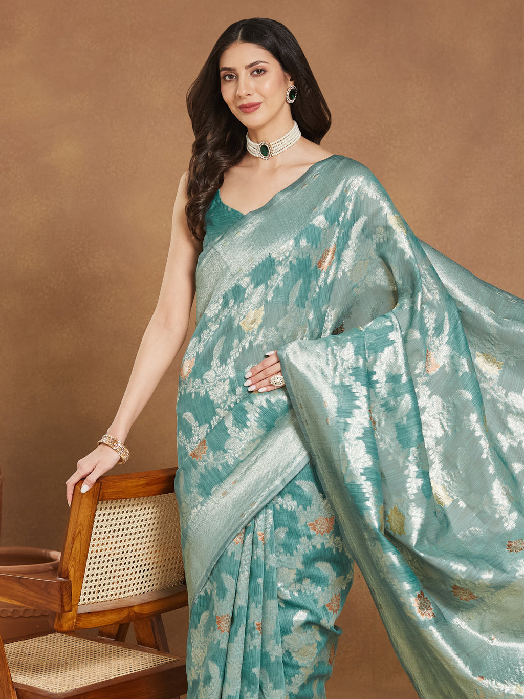 Janasya Sea Green Linen Blend Floral Jacquard Saree | Grocsy