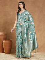 Janasya Sea Green Linen Blend Floral Jacquard Saree | Grocsy