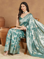 Janasya Sea Green Linen Blend Floral Jacquard Saree | Grocsy