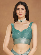 Janasya Sea Green Linen Blend Floral Jacquard Saree | Grocsy