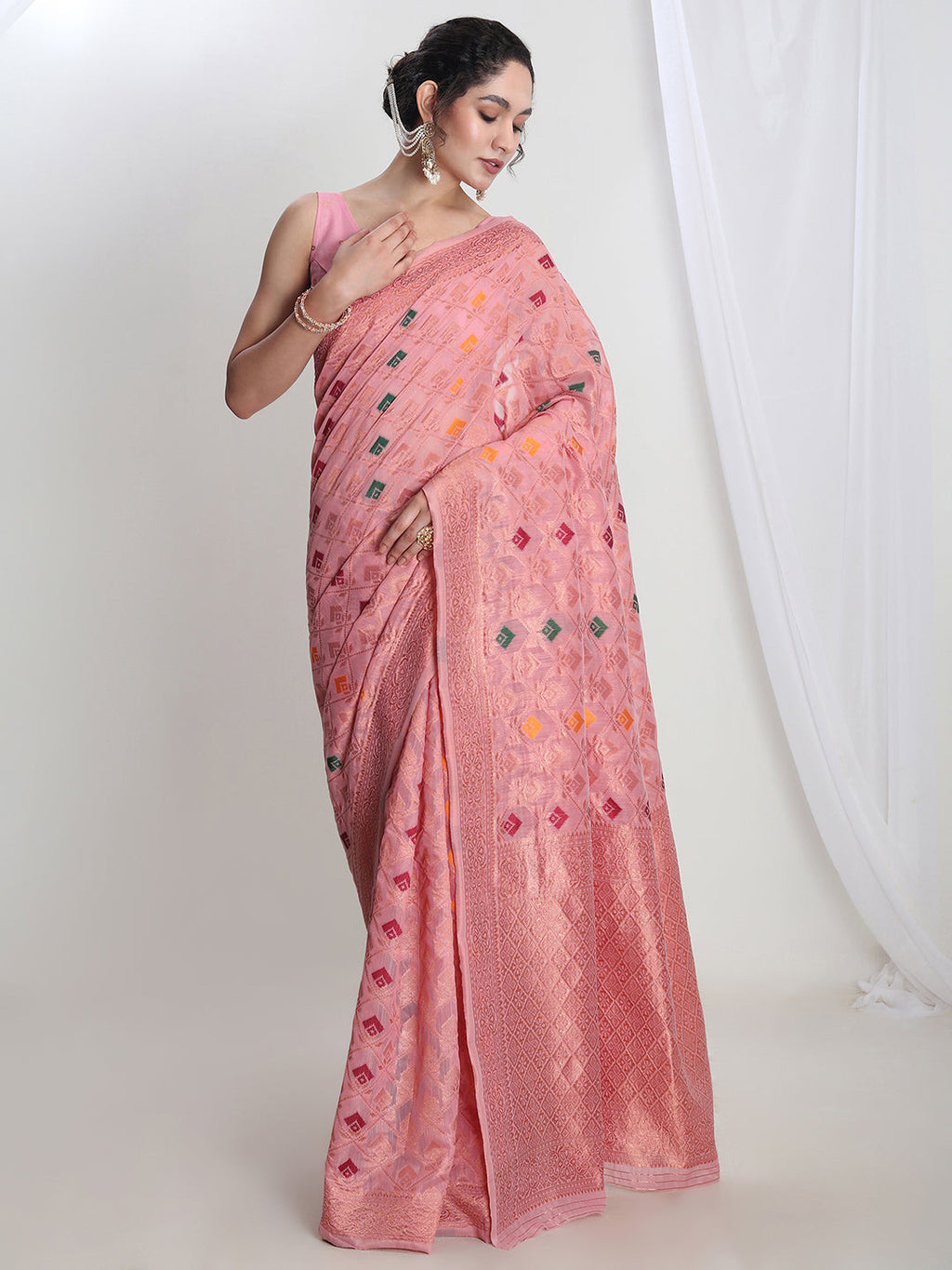 Janasya Pink Linen Blend Geometric Jacquard Saree | Grocsy