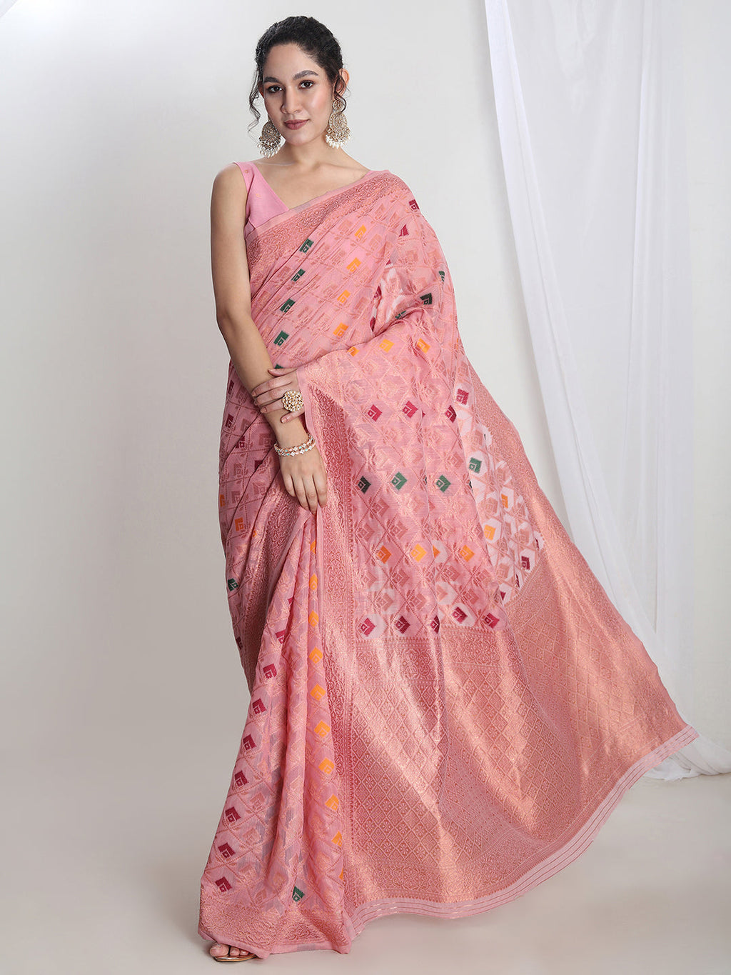 Janasya Pink Linen Blend Geometric Jacquard Saree | Grocsy
