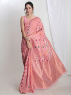 Janasya Pink Linen Blend Geometric Jacquard Saree | Grocsy