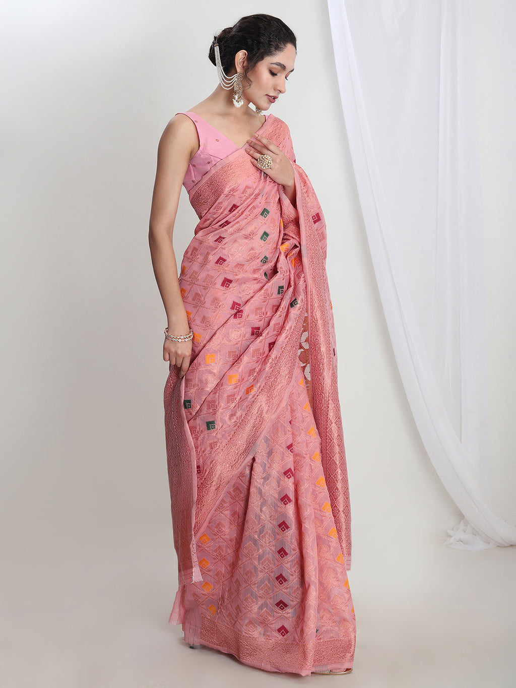 Janasya Pink Linen Blend Geometric Jacquard Saree | Grocsy