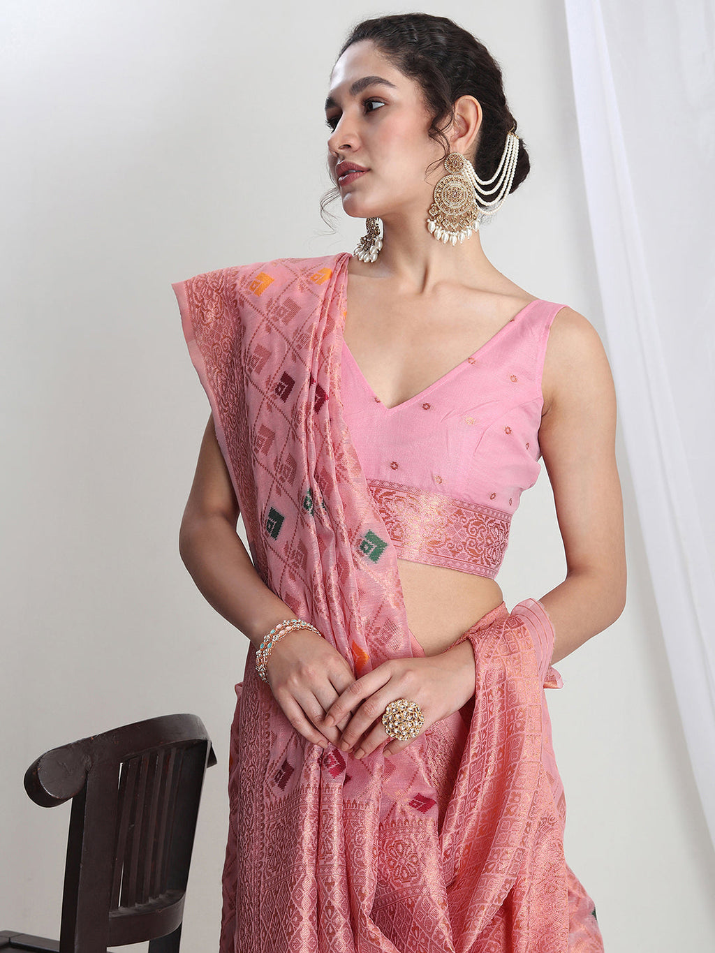 Janasya Pink Linen Blend Geometric Jacquard Saree | Grocsy