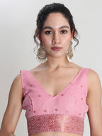 Janasya Pink Linen Blend Geometric Jacquard Saree | Grocsy