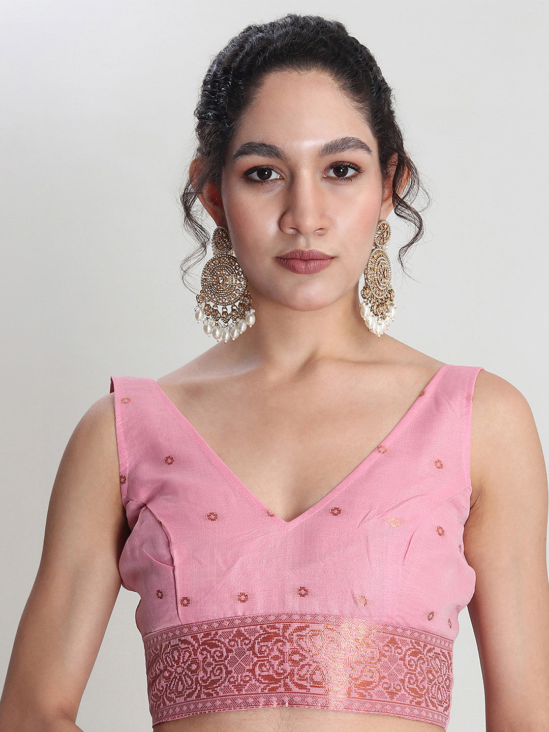Janasya Pink Linen Blend Geometric Jacquard Saree | Grocsy