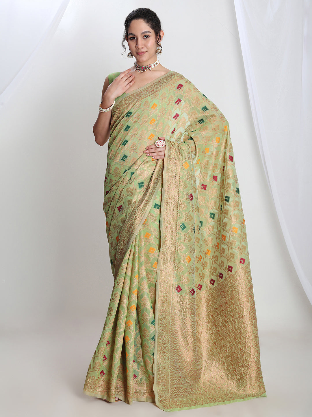 Janasya Green Linen Blend Geometric Jacquard Saree | Grocsy