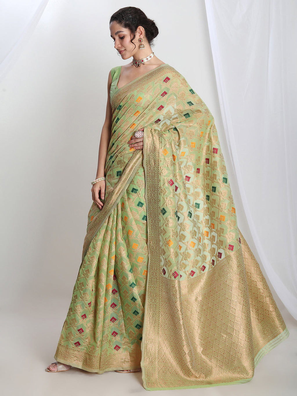 Janasya Green Linen Blend Geometric Jacquard Saree | Grocsy