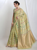 Janasya Green Linen Blend Geometric Jacquard Saree | Grocsy
