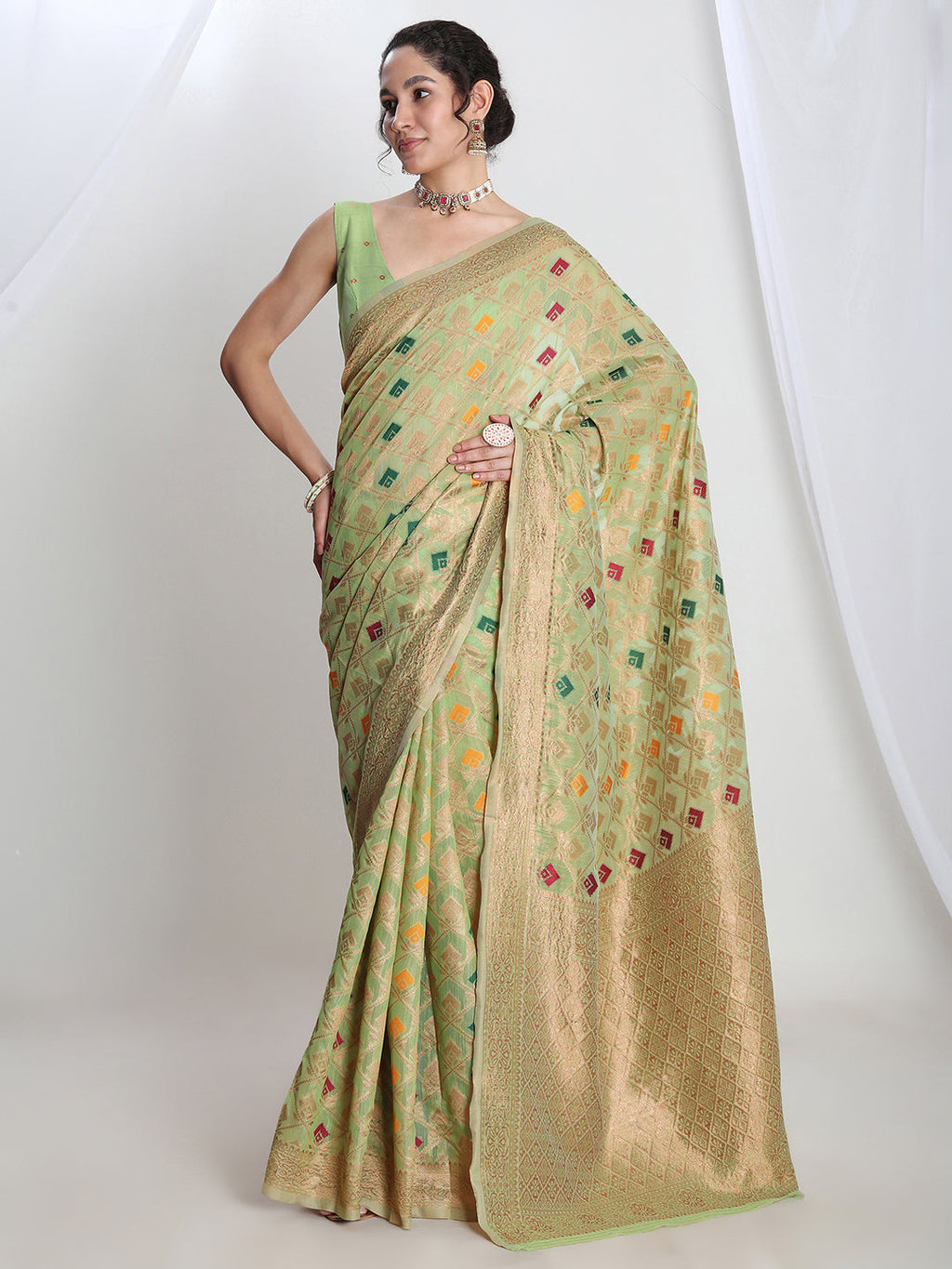 Janasya Green Linen Blend Geometric Jacquard Saree | Grocsy