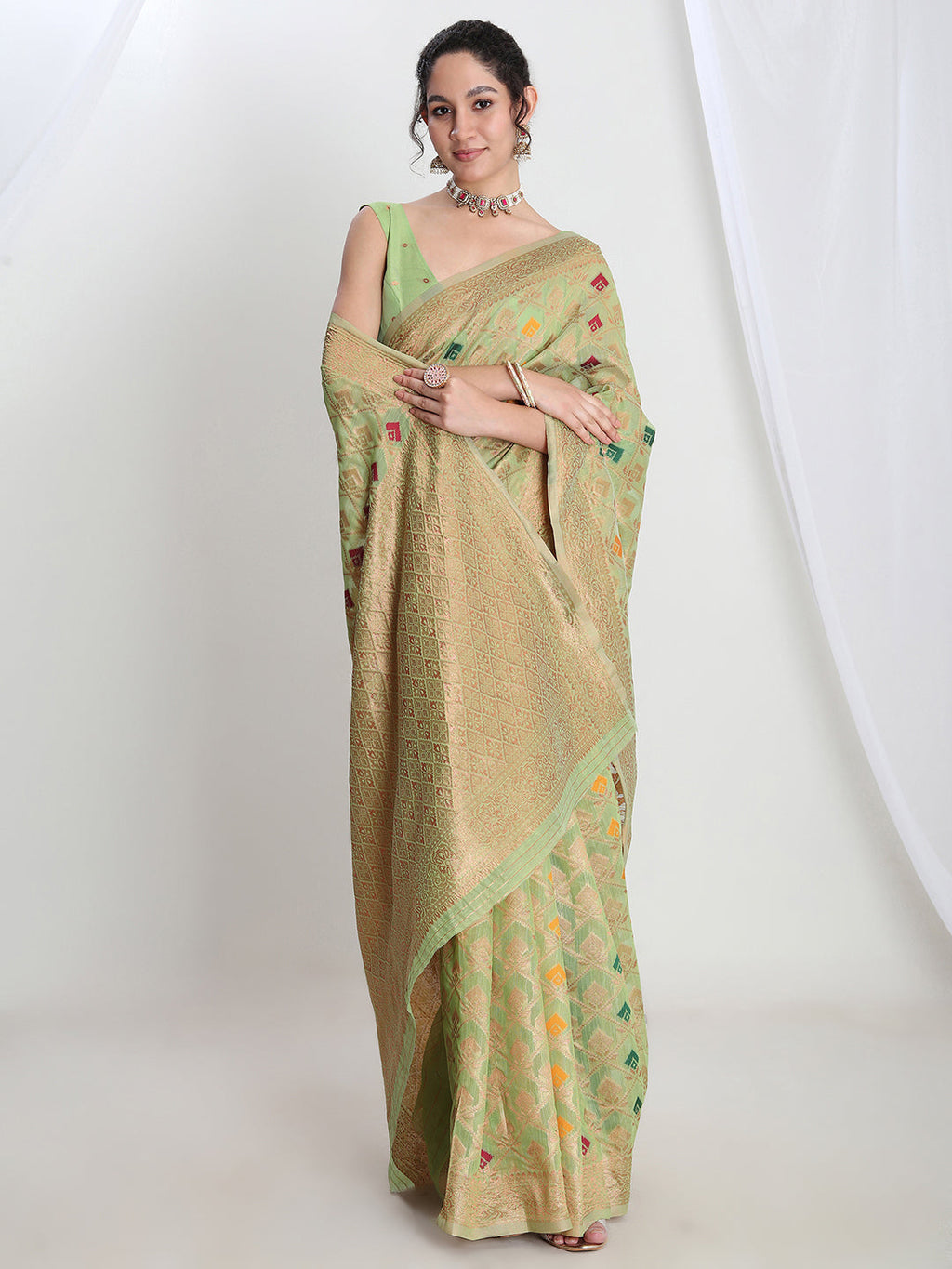 Janasya Green Linen Blend Geometric Jacquard Saree | Grocsy
