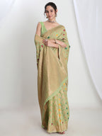 Janasya Green Linen Blend Geometric Jacquard Saree | Grocsy