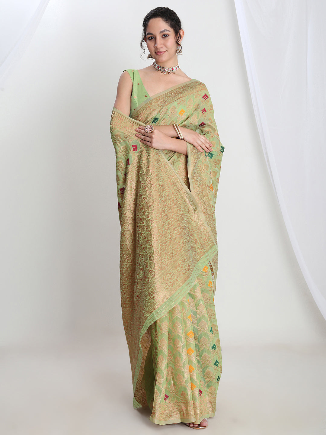 Janasya Green Linen Blend Geometric Jacquard Saree | Grocsy