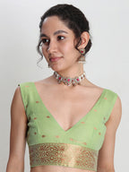 Janasya Green Linen Blend Geometric Jacquard Saree | Grocsy