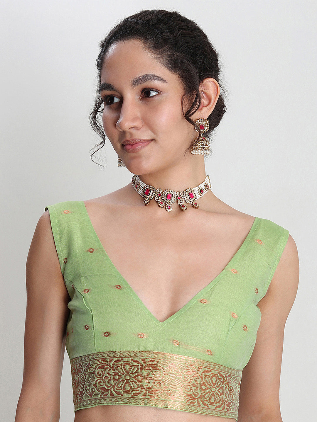 Janasya Green Linen Blend Geometric Jacquard Saree | Grocsy