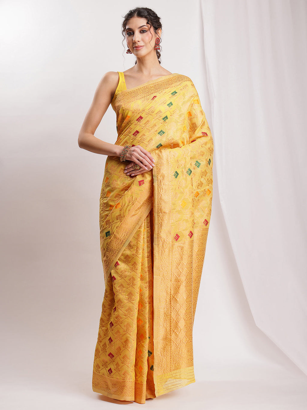 Janasya Yellow Linen Blend Geometric Jacquard Saree | Grocsy