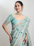 Janasya Sea Green Linen Blend Geometric Jacquard Saree | Grocsy