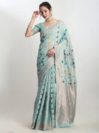 Janasya Sea Green Linen Blend Geometric Jacquard Saree | Grocsy