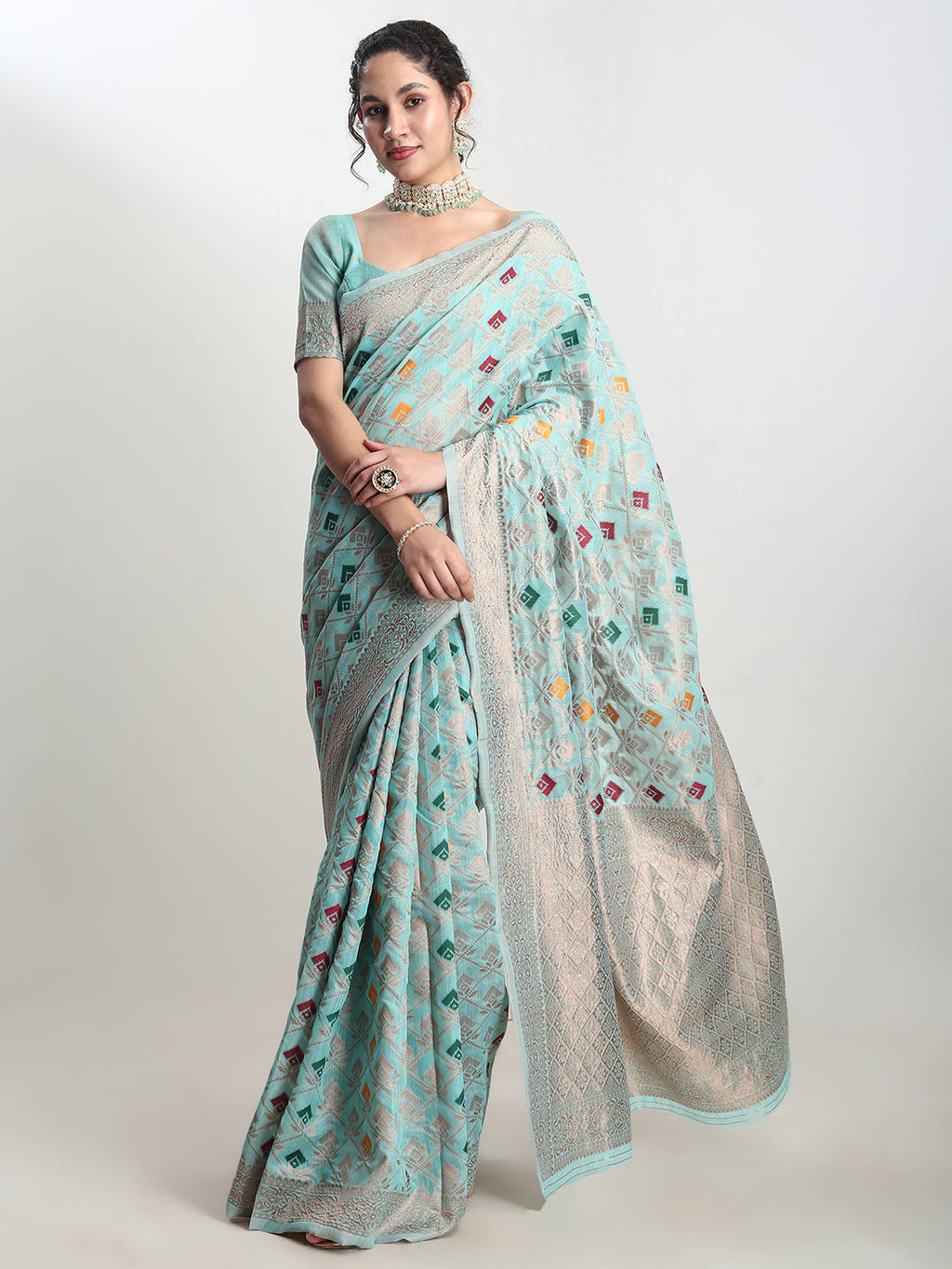 Janasya Sea Green Linen Blend Geometric Jacquard Saree | Grocsy