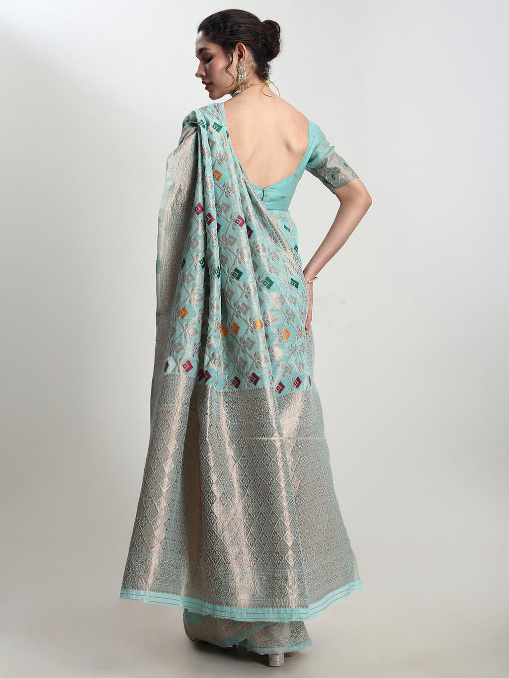 Janasya Sea Green Linen Blend Geometric Jacquard Saree | Grocsy