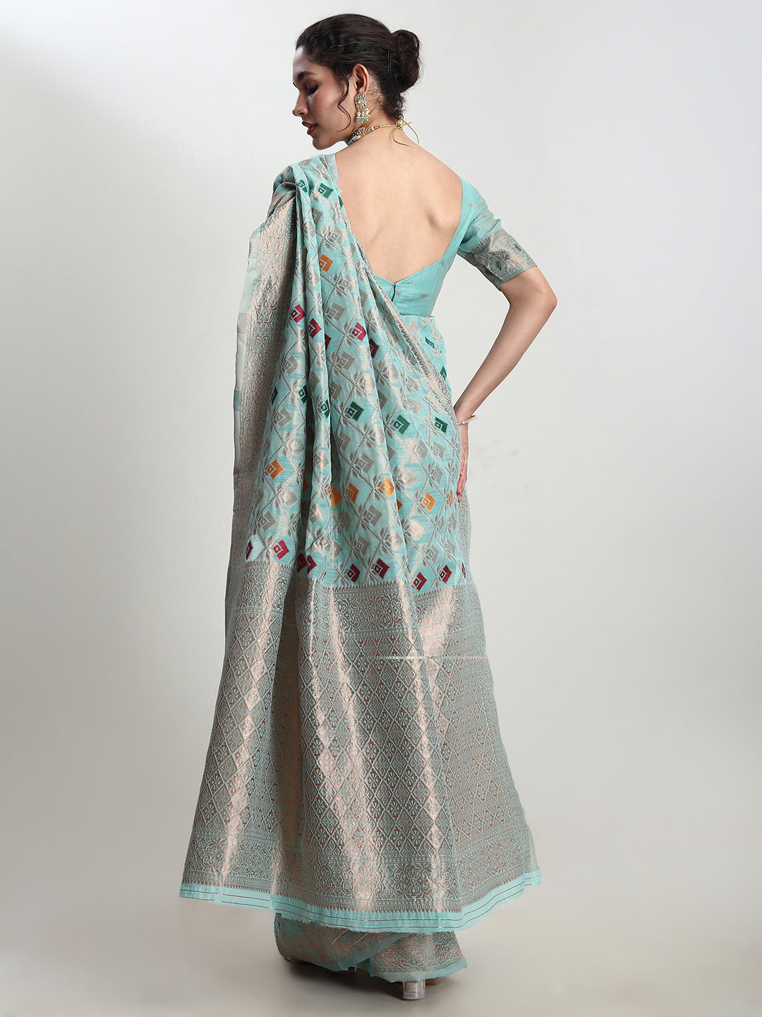 Janasya Sea Green Linen Blend Geometric Jacquard Saree | Grocsy