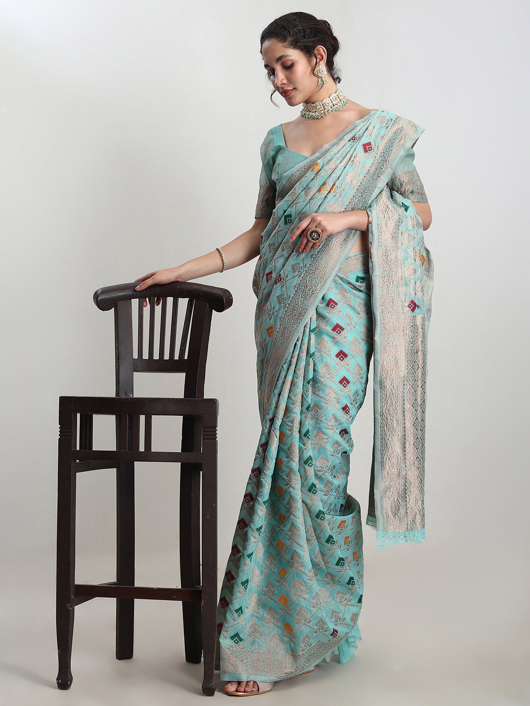 Janasya Sea Green Linen Blend Geometric Jacquard Saree | Grocsy