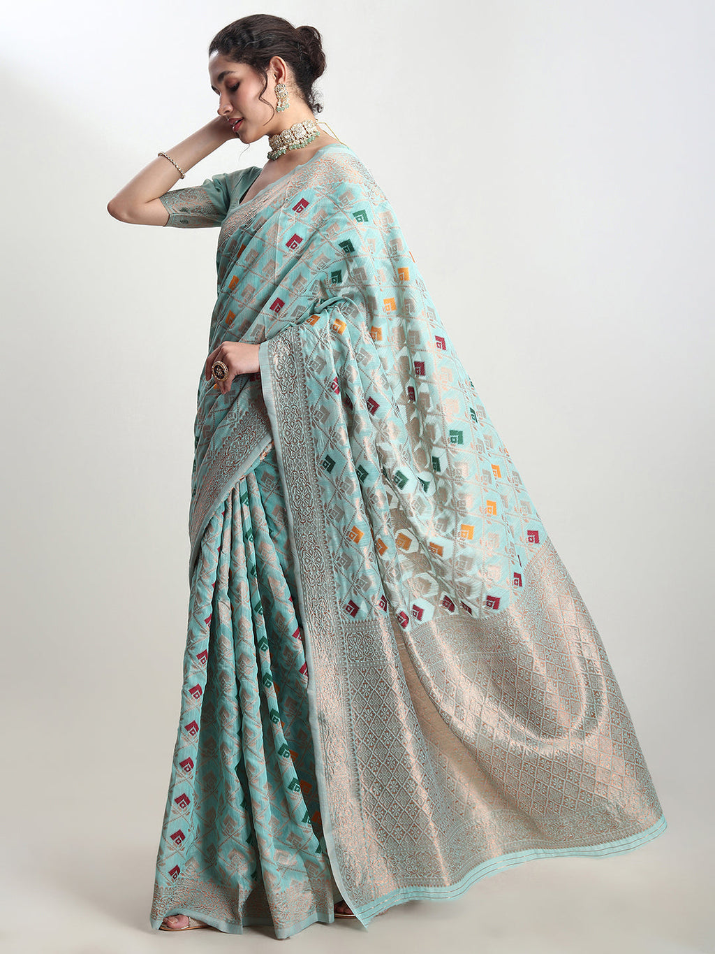 Janasya Sea Green Linen Blend Geometric Jacquard Saree | Grocsy
