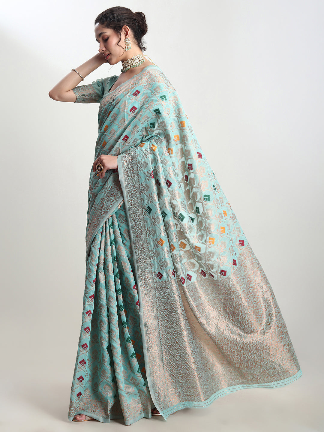Janasya Sea Green Linen Blend Geometric Jacquard Saree | Grocsy