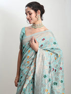 Janasya Sea Green Linen Blend Geometric Jacquard Saree | Grocsy