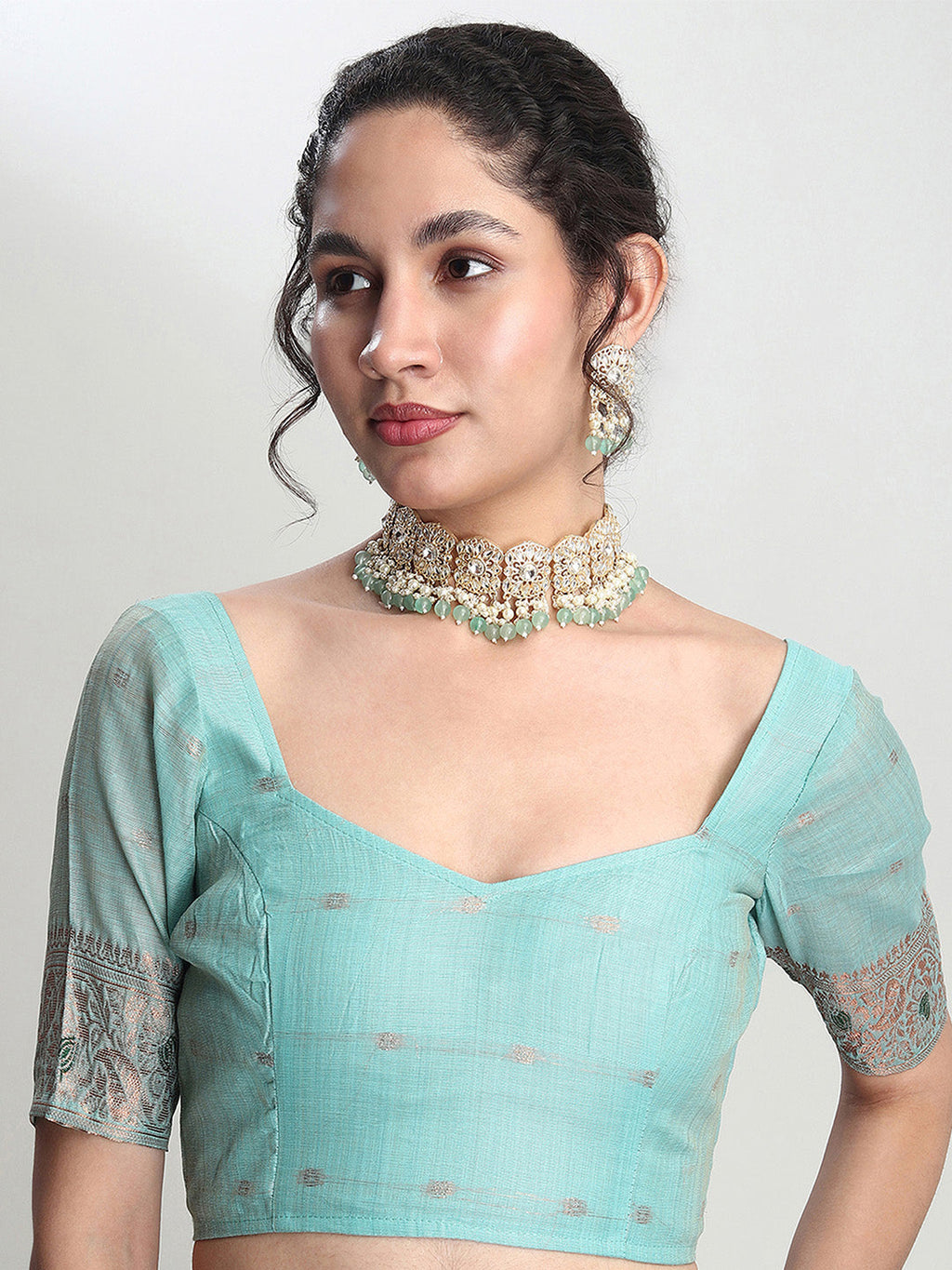Janasya Sea Green Linen Blend Geometric Jacquard Saree | Grocsy
