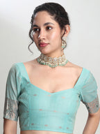 Janasya Sea Green Linen Blend Geometric Jacquard Saree | Grocsy
