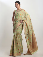 Janasya Light Green Linen Blend Floral Jacquard Saree | Grocsy