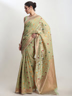 Janasya Light Green Linen Blend Floral Jacquard Saree | Grocsy