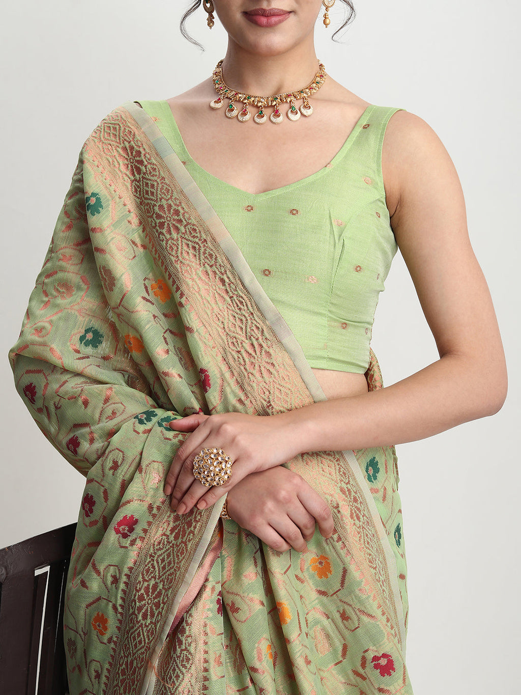 Janasya Light Green Linen Blend Floral Jacquard Saree | Grocsy