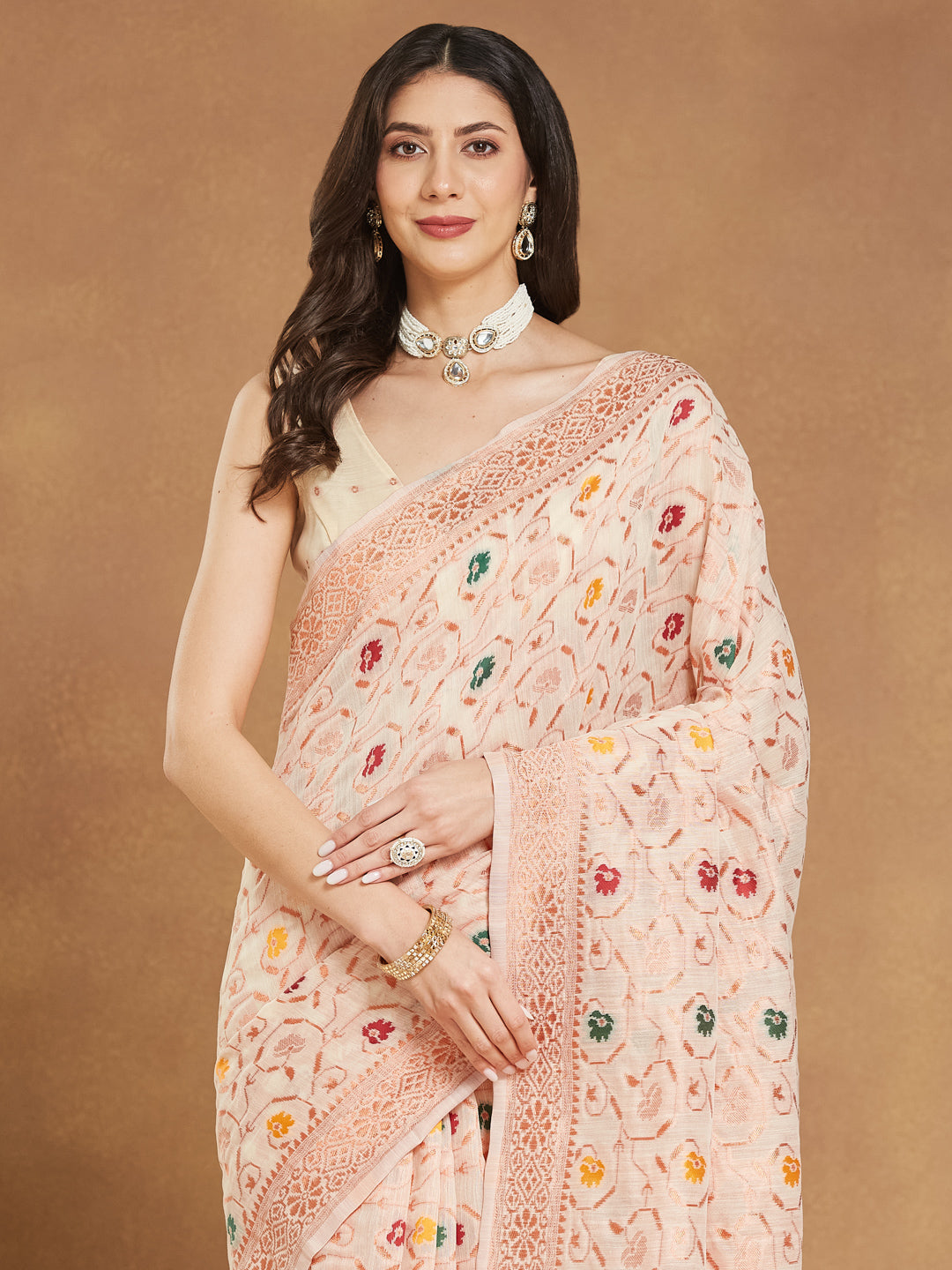 Janasya Light Peach Linen Blend Patola Jacquard Saree | Grocsy