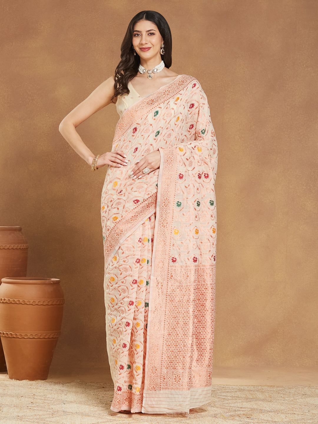 Janasya Light Peach Linen Blend Patola Jacquard Saree | Grocsy
