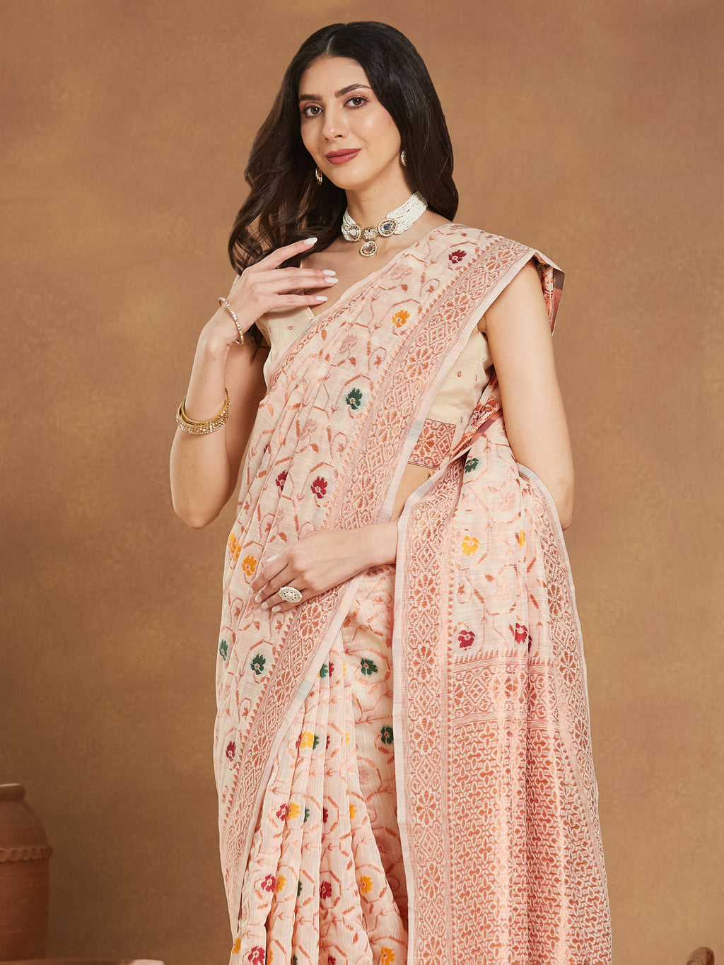 Janasya Light Peach Linen Blend Patola Jacquard Saree | Grocsy