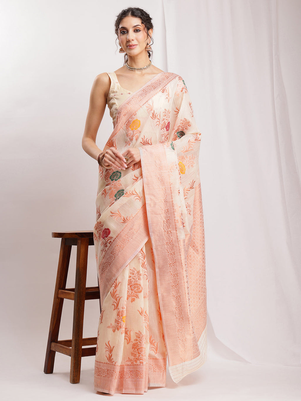 Janasya Orange Linen Blend Floral Jacquard Saree | Grocsy
