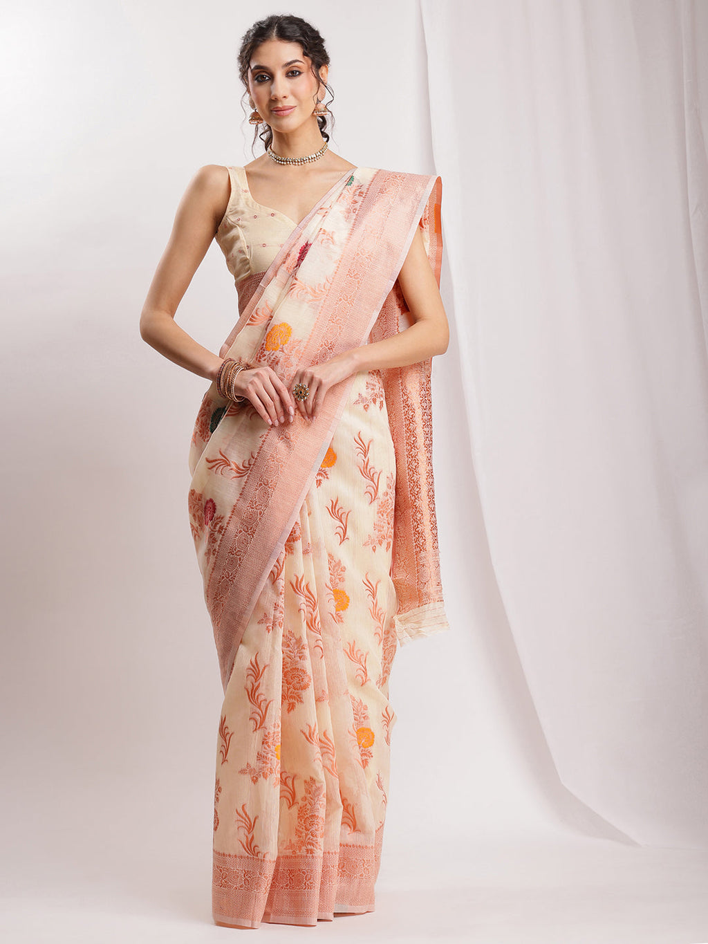 Janasya Orange Linen Blend Floral Jacquard Saree | Grocsy